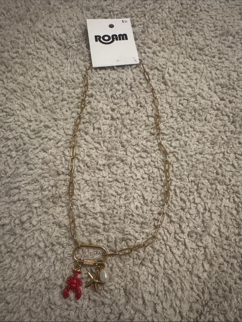 ROAM Gold-Tone Chain Necklace with Red Lobster and Pearl Charms